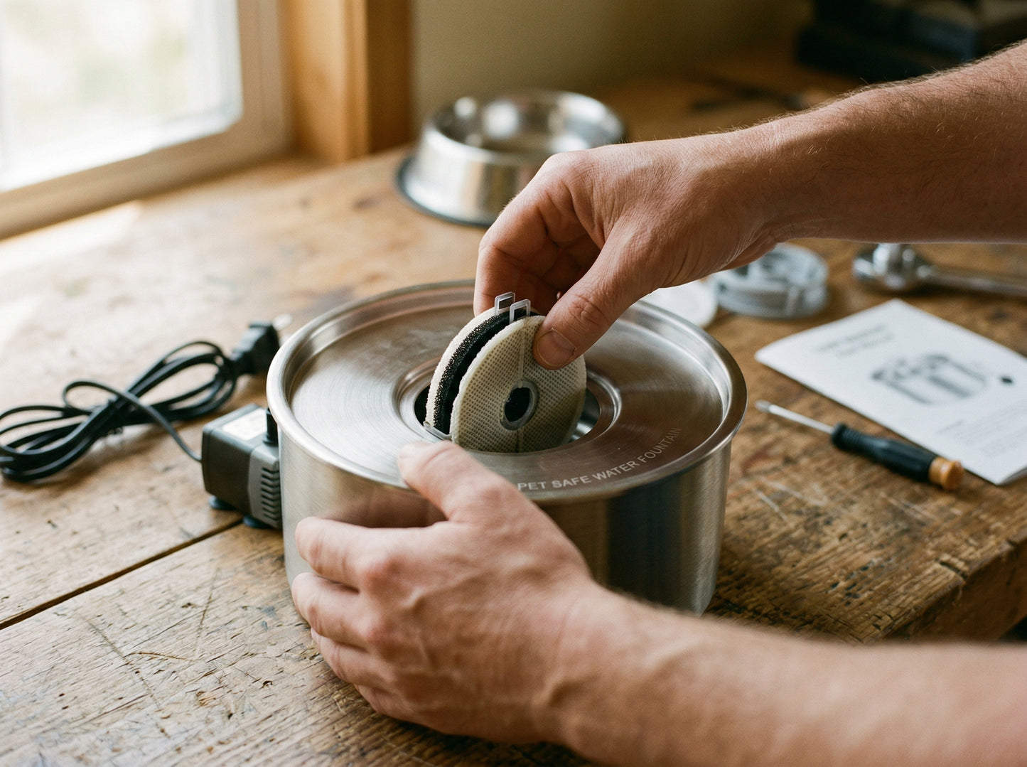 Rivaxon Premium Replacement Filter being inserted into stainless steel fountain