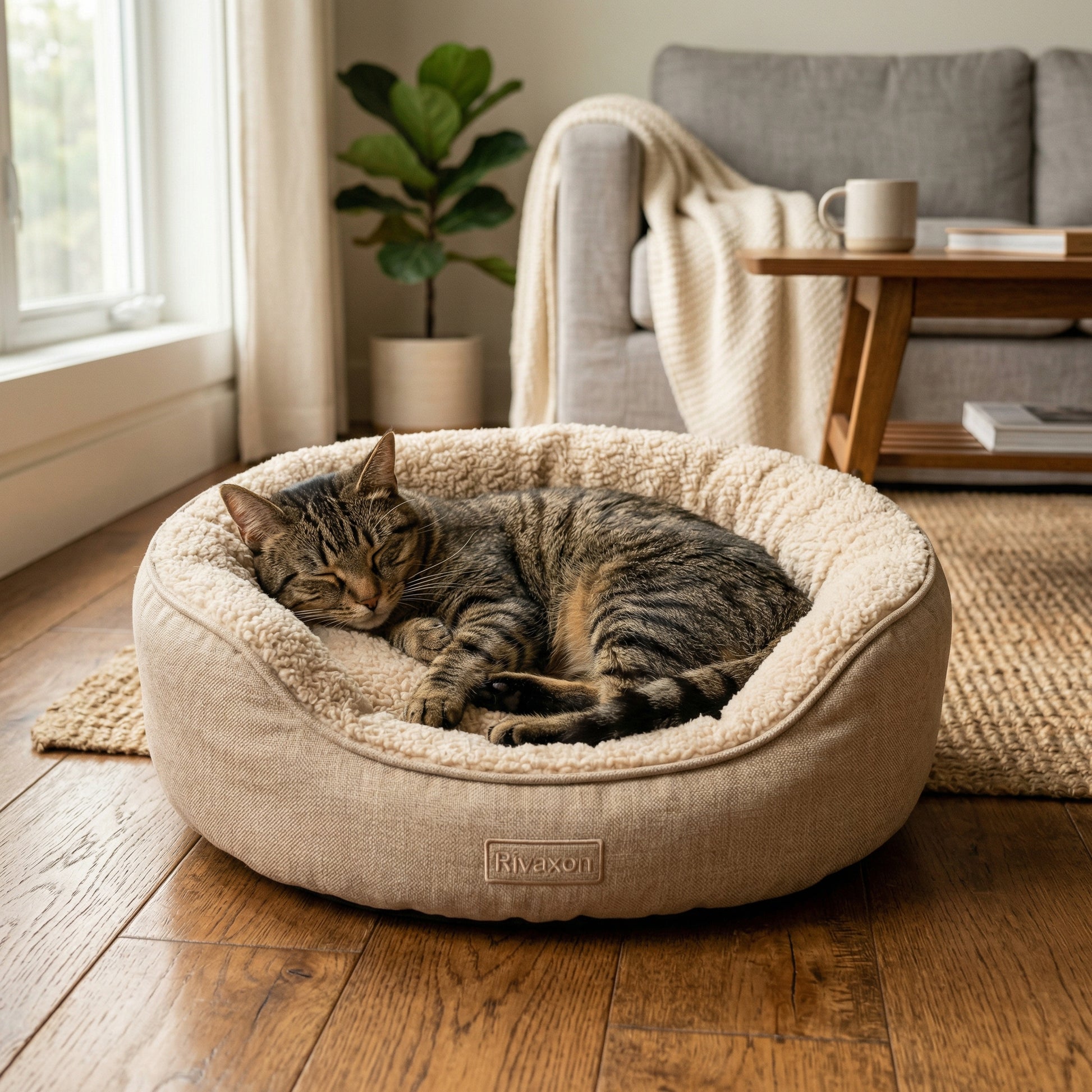 Rivaxon smart temperature-regulating pet bed small in warm sand with cat