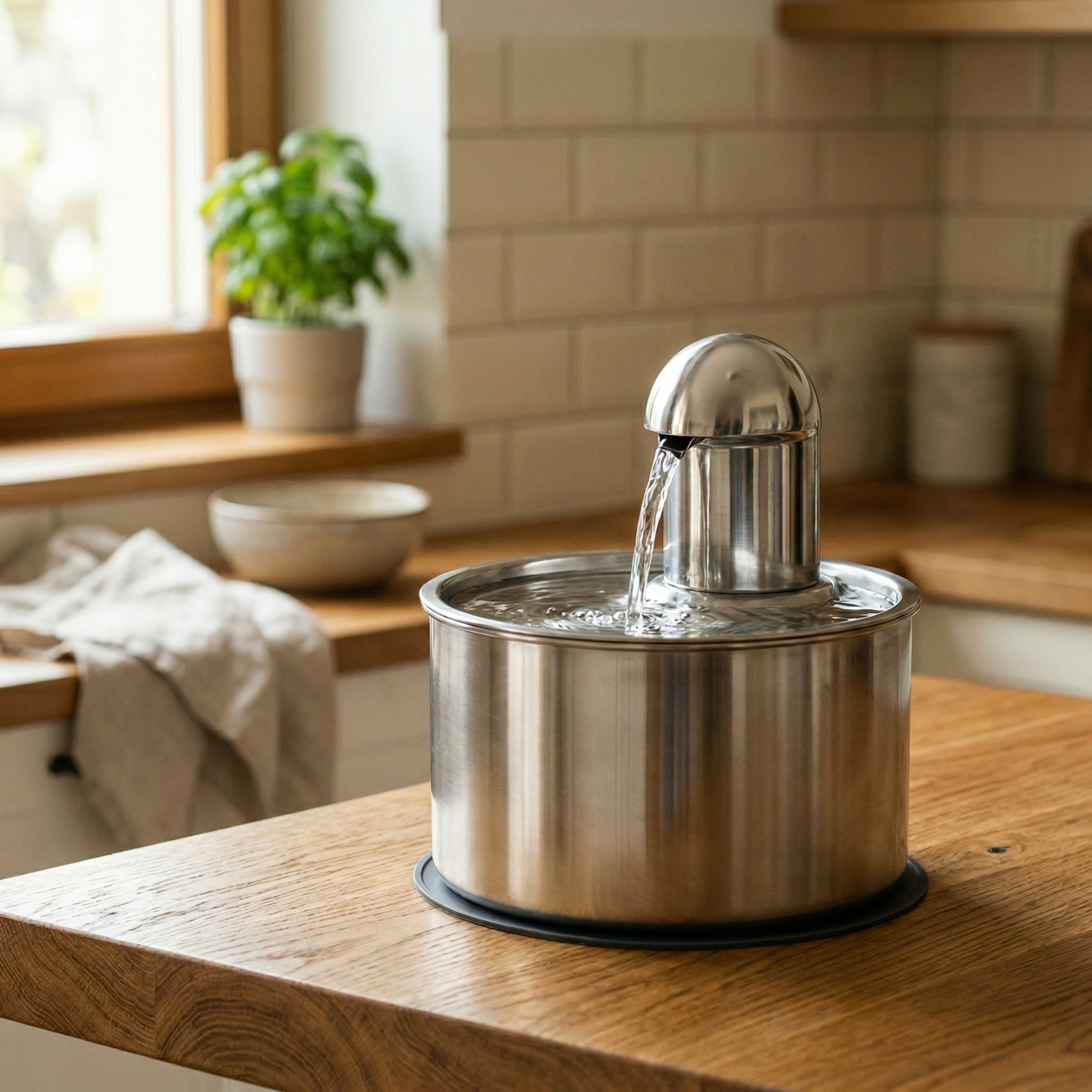 Rivaxon stainless steel pet water fountain in silver on kitchen counter